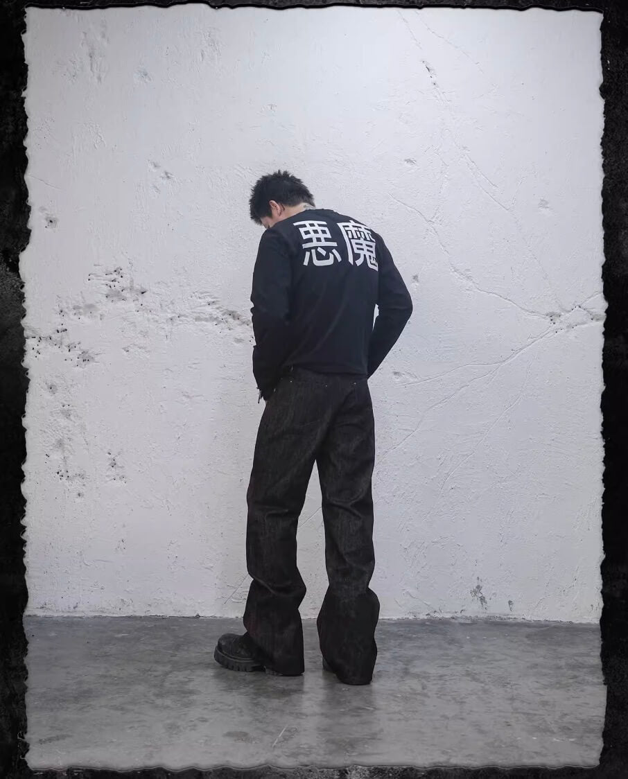 UNDERWATER Black Demon Print Distressed Long Sleeve Tee