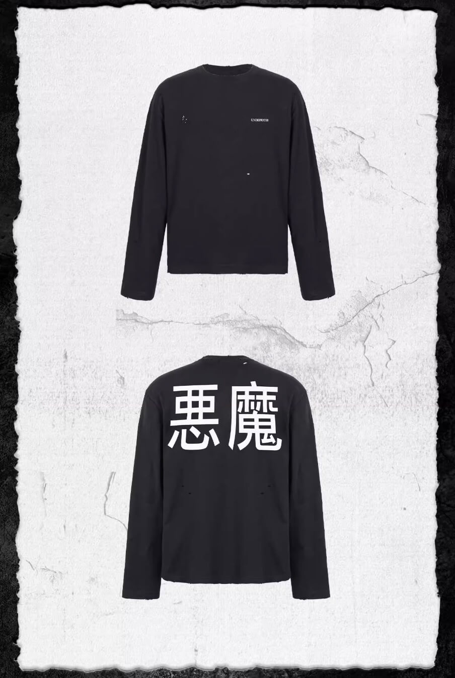 UNDERWATER Black Demon Print Distressed Long Sleeve Tee