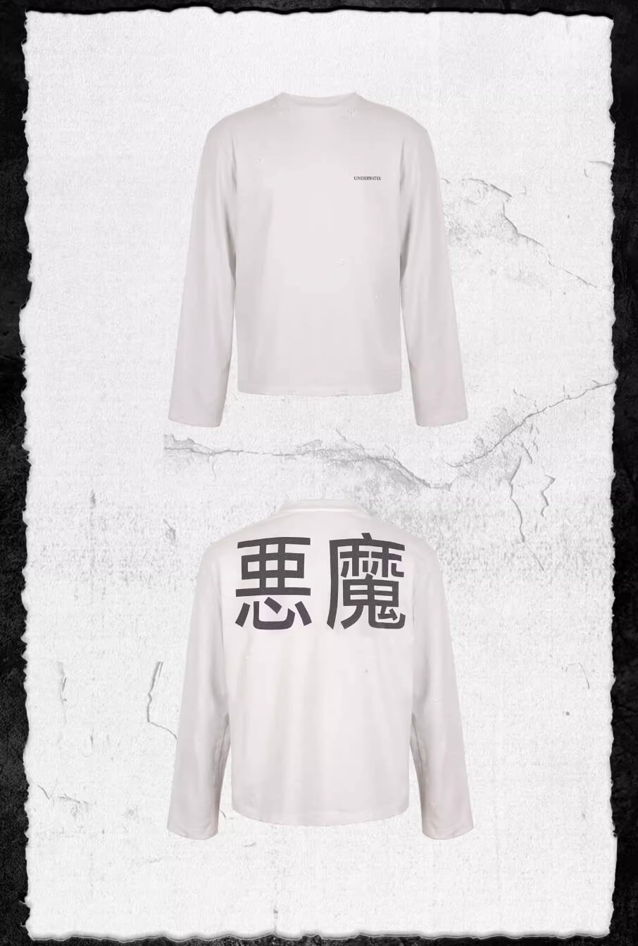 UNDERWATER White Demon Print Distressed Long Sleeve Tee