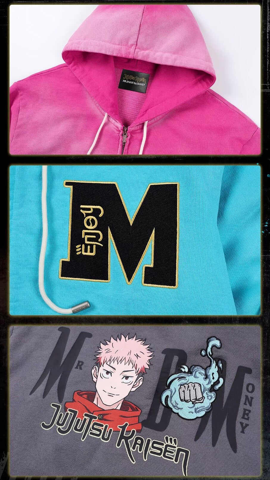 MEDM × Jujutsu Kaisen Washed Character Print Embroidered Zip Up Hoodie