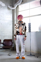 TGFCLUB Cow Print Faux Fur Leather Slim Fit Jacket