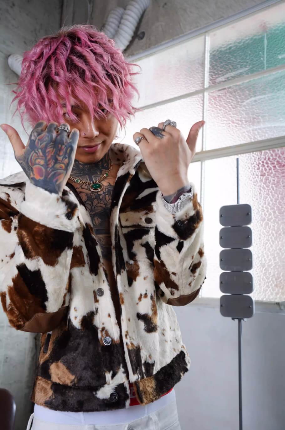 TGFCLUB Cow Print Faux Fur Leather Slim Fit Jacket