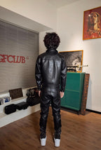 TGFCLUB Embossed Studded Slim Fit PU Leather Biker Jacket
