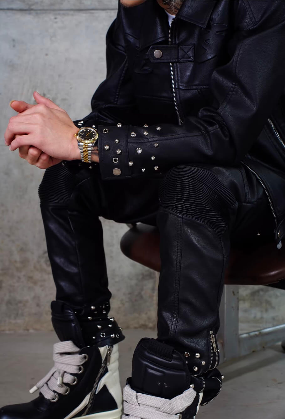 TGFCLUB Embossed Studded Slim Fit PU Leather Biker Jacket