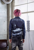 TGFCLUB Portrait Graphic Studded Slim Fit Denim Jacket
