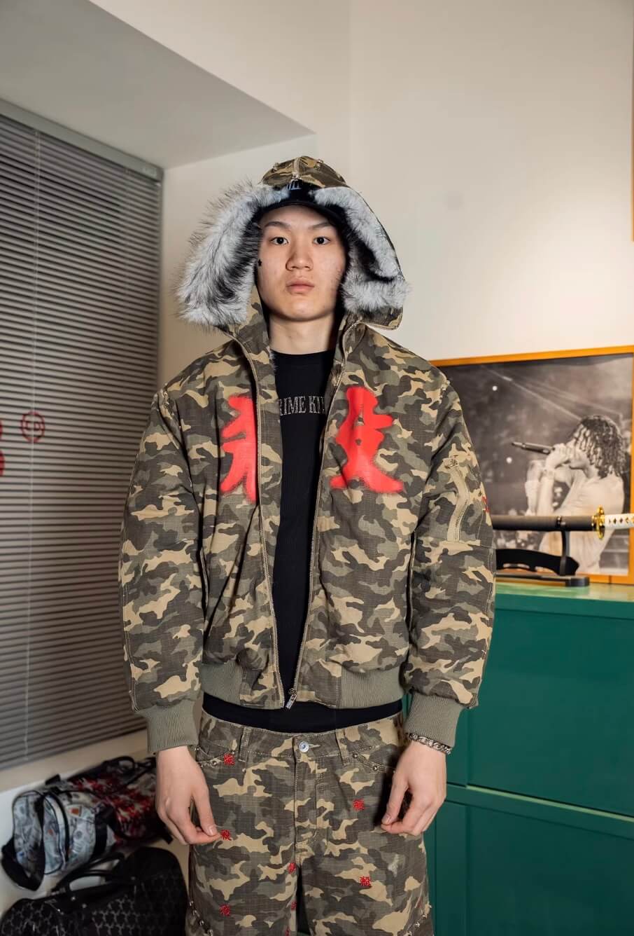 TGFCLUB Washed Camo Studded Faux Fur Hooded Jacket
