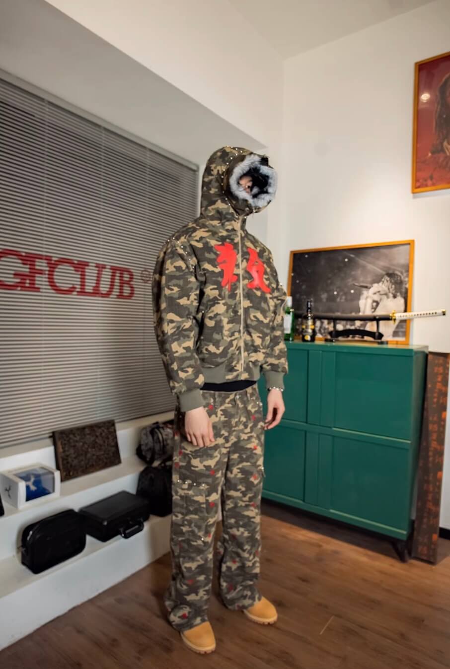 TGFCLUB Washed Camo Studded Faux Fur Hooded Jacket