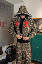 TGFCLUB Washed Camo Studded Faux Fur Hooded Jacket