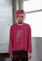 TGFCLUB Rhinestone Portrait Heavy Washed Distressed Long Sleeve Tee
