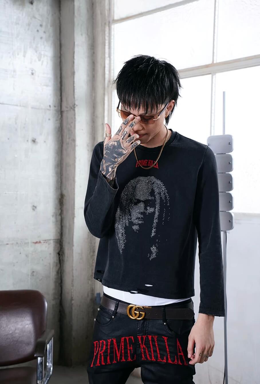 TGFCLUB Rhinestone Portrait Heavy Washed Distressed Long Sleeve Tee