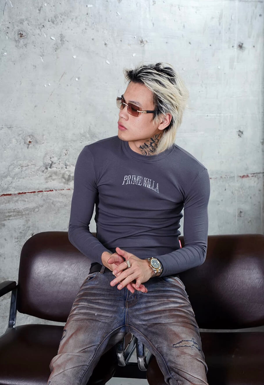 TGFCLUB PRIME KILLA Rhinestone Stretch Slim Fit Long Sleeve Tee