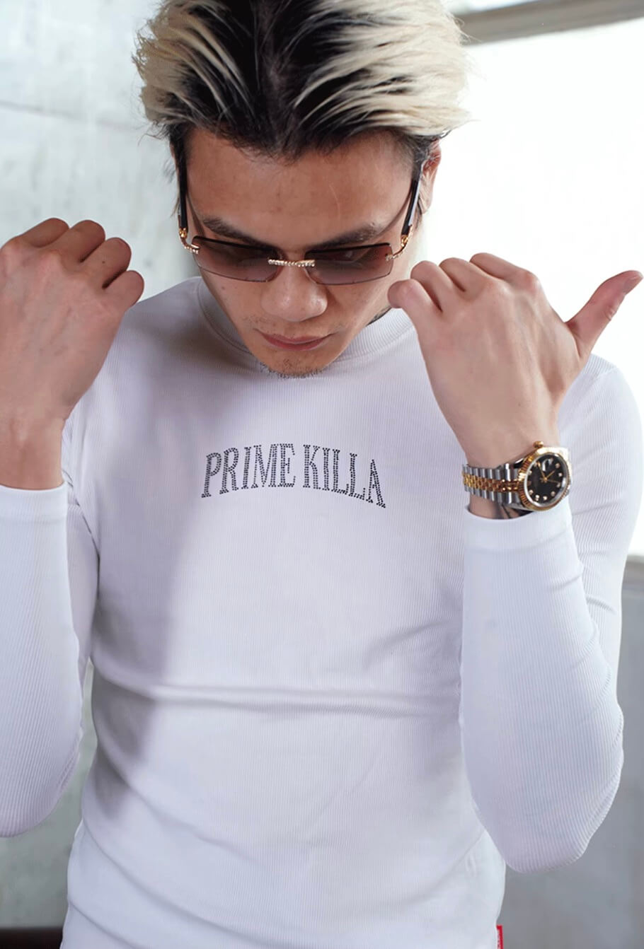 TGFCLUB PRIME KILLA Rhinestone Stretch Slim Fit Long Sleeve Tee