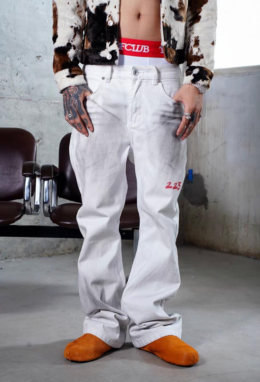 TGFCLUB Kill Graffiti Distressed White Flared Jeans