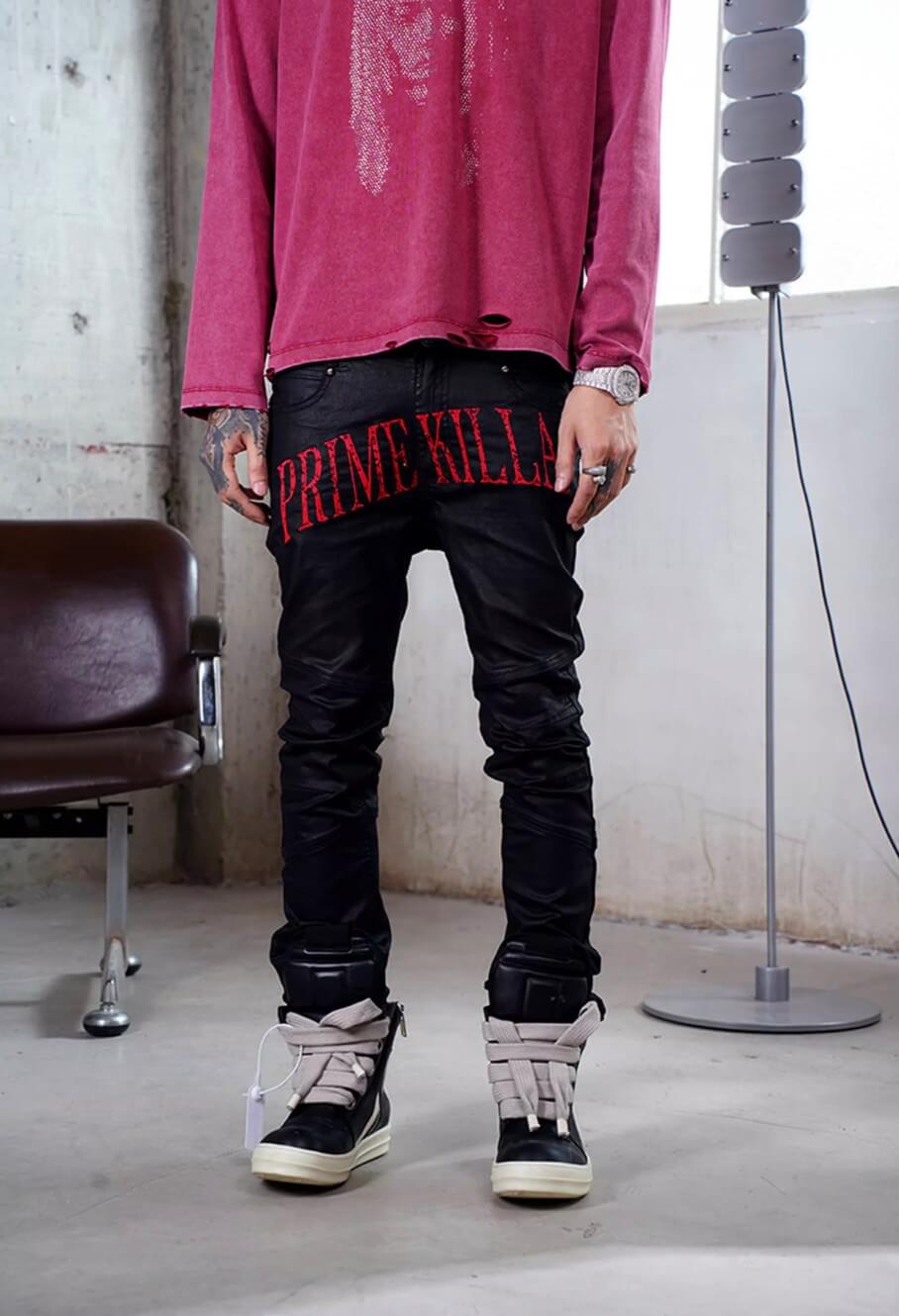 TGFCLUB PRIME KILLA Print Rhinestone Waxed Slim Fit Skinny Jeans