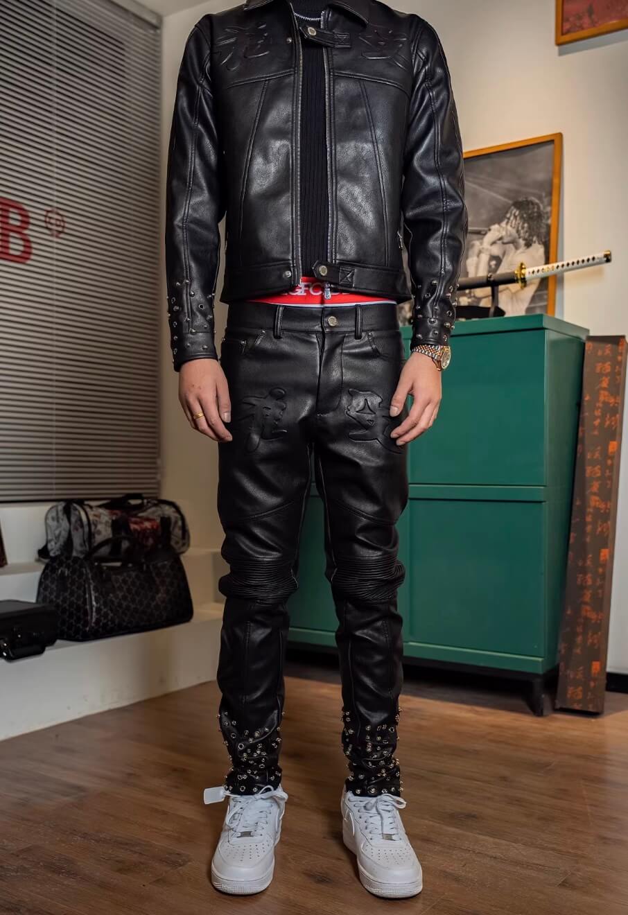 TGFCLUB Embossed Studded Slim Fit PU Leather Pants