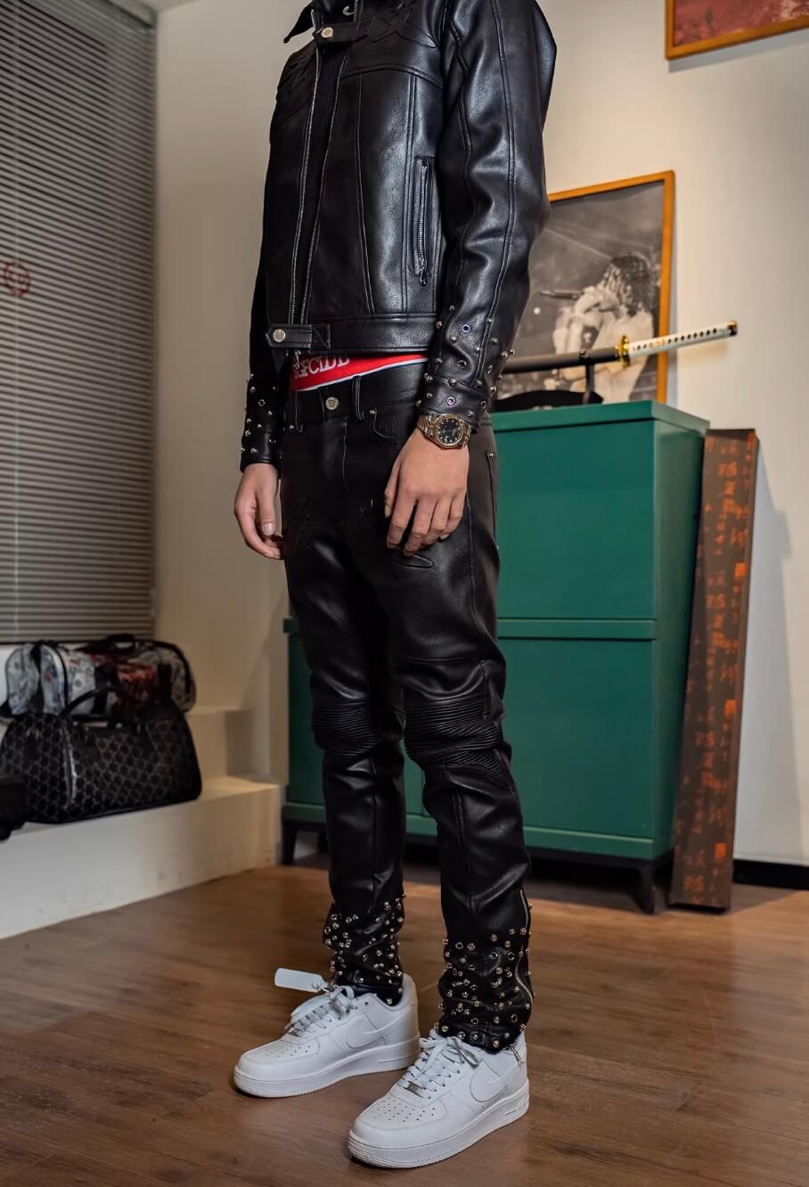 TGFCLUB Embossed Studded Slim Fit PU Leather Pants