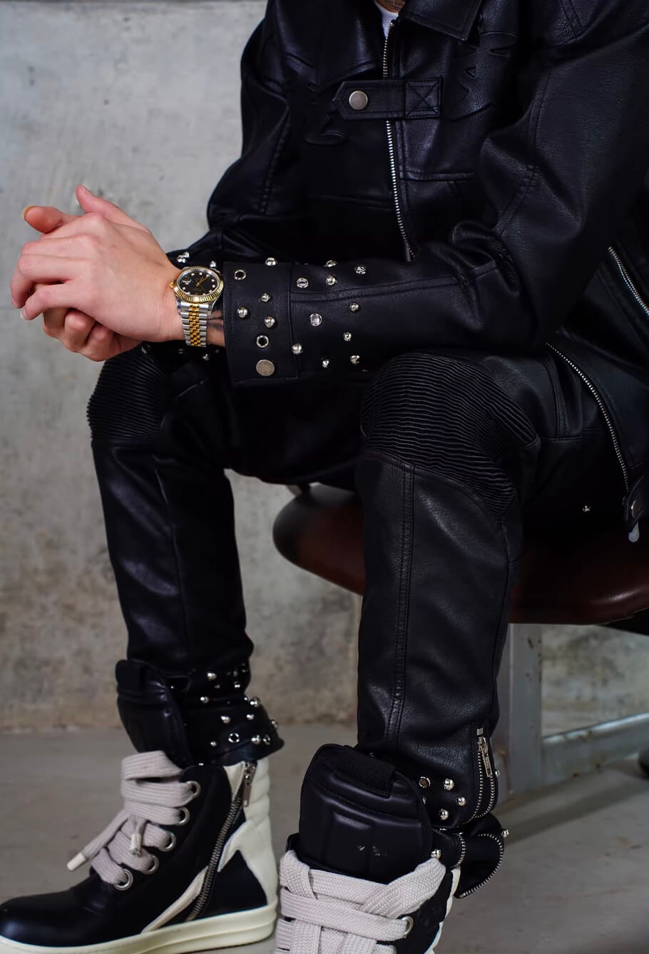 TGFCLUB Embossed Studded Slim Fit PU Leather Pants