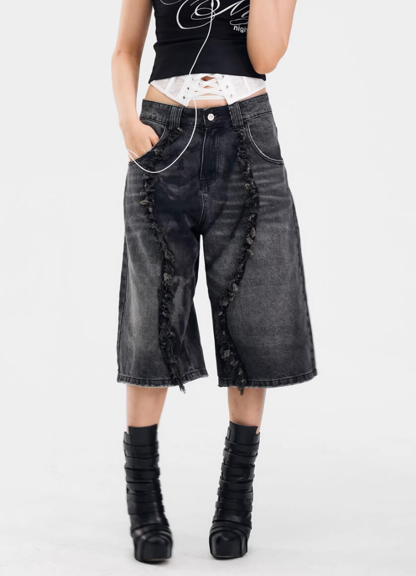 Night Lab Frayed Seam Washed Denim Shorts