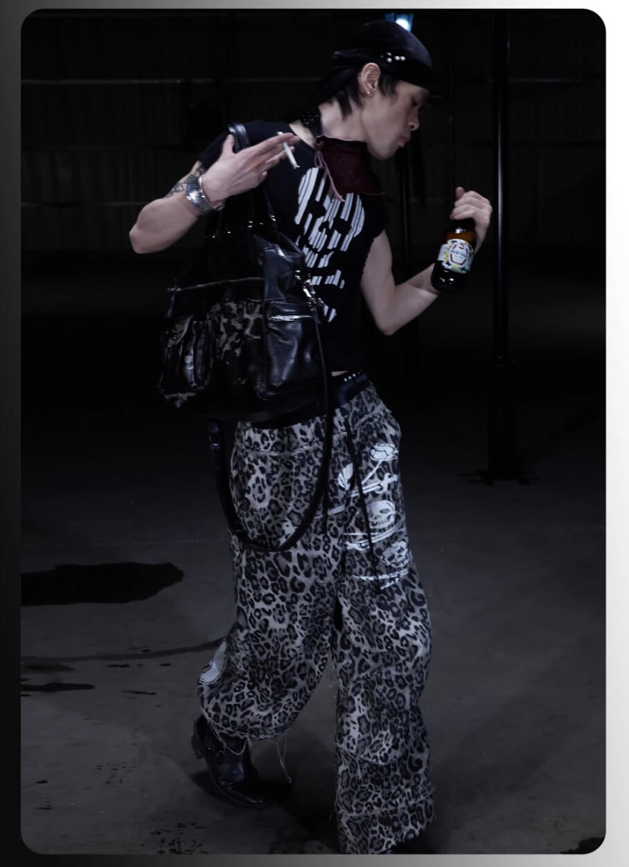 Night Lab Skull Pirate Leopard Printed Distressed Pants