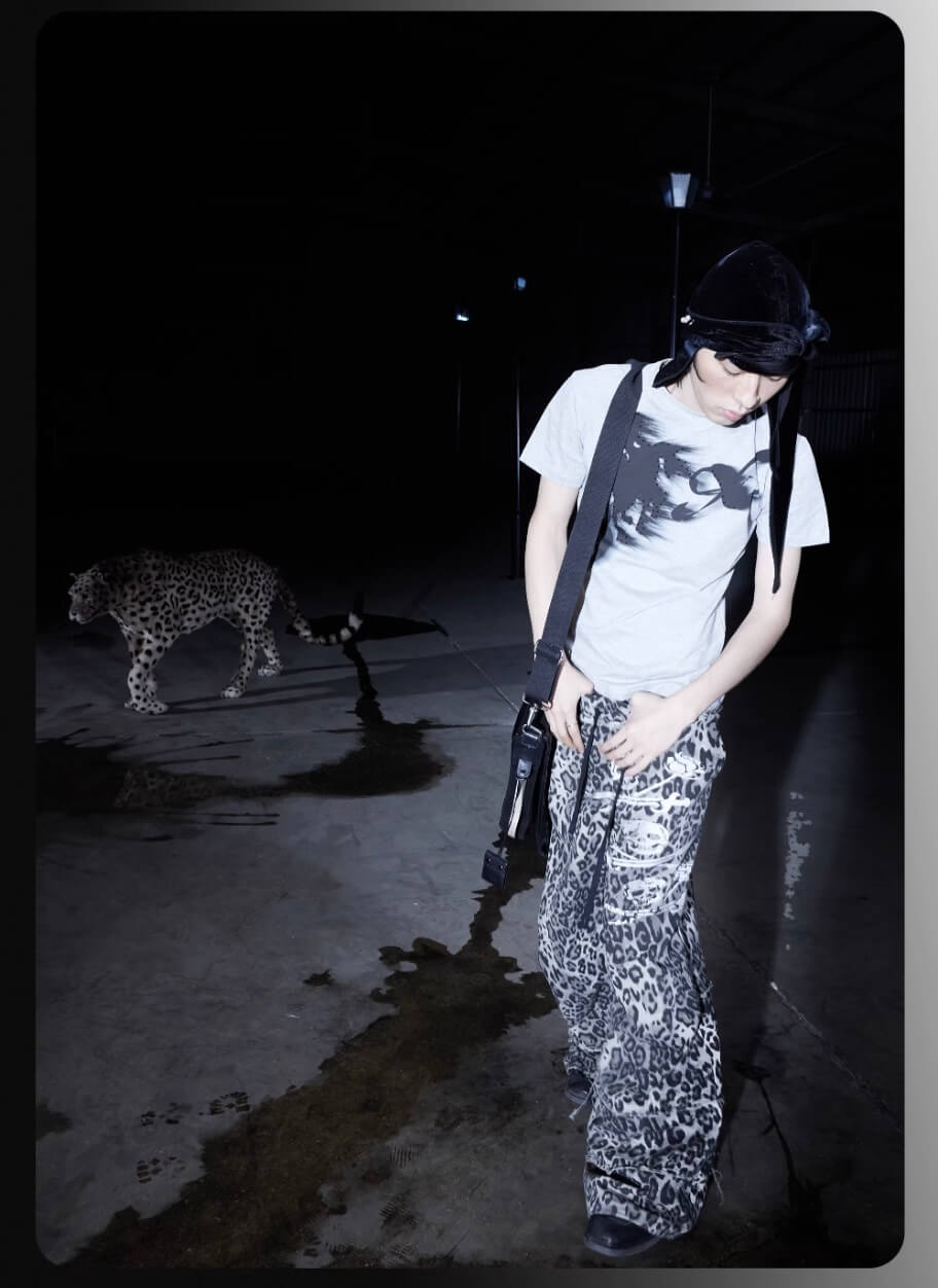 Night Lab Skull Pirate Leopard Printed Distressed Pants