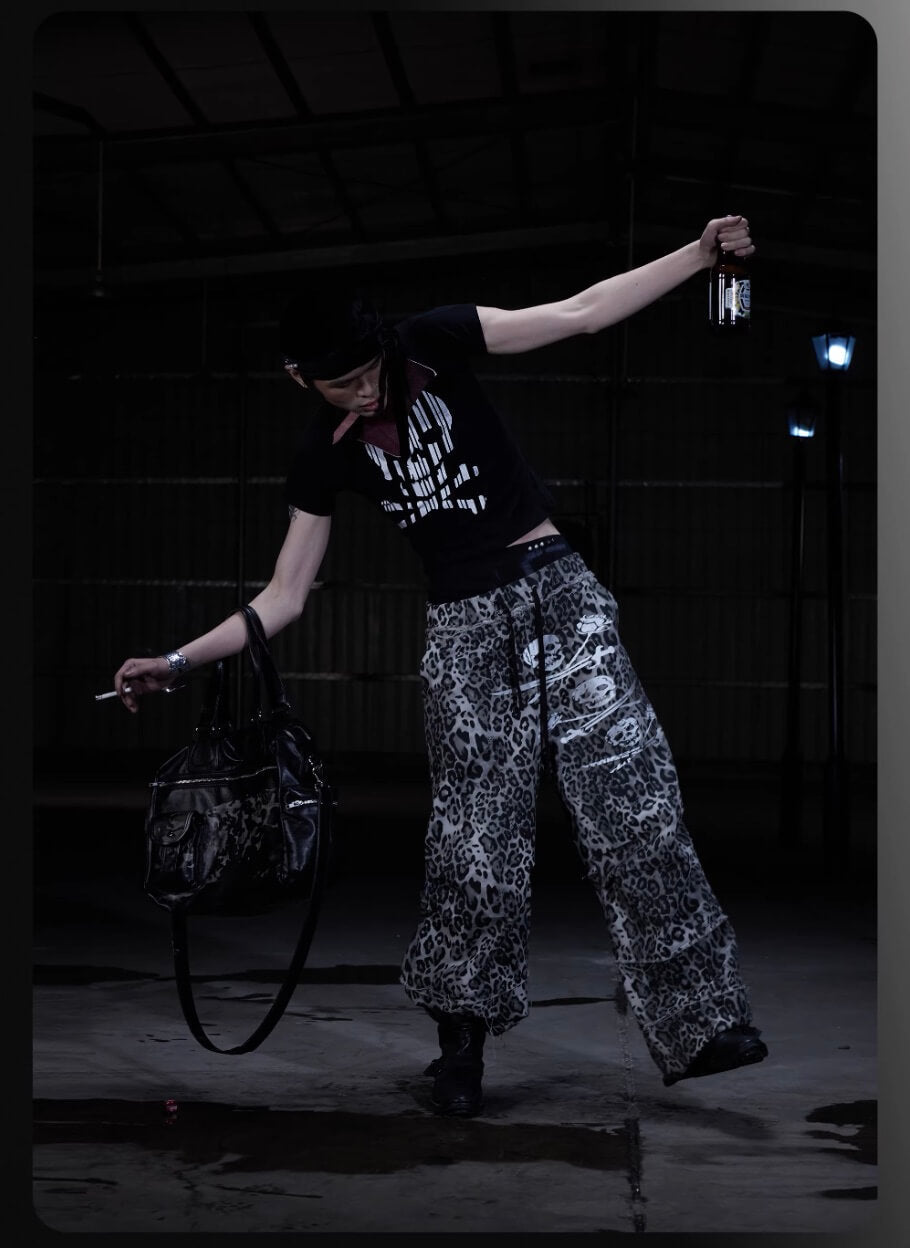 Night Lab Skull Pirate Leopard Printed Distressed Pants