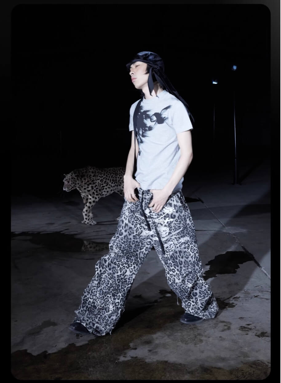 Night Lab Skull Pirate Leopard Printed Distressed Pants