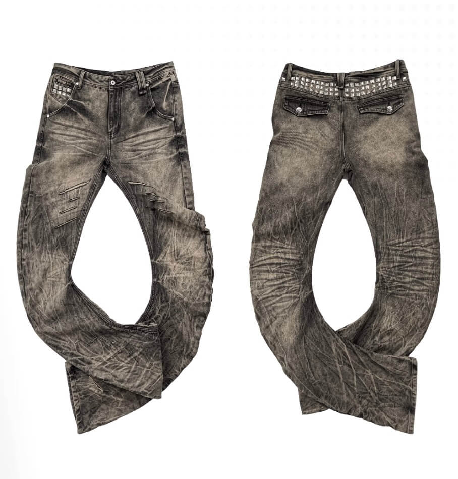 Night Lab Rock Rivet Washed Distressed Curved Slim Fit Jeans