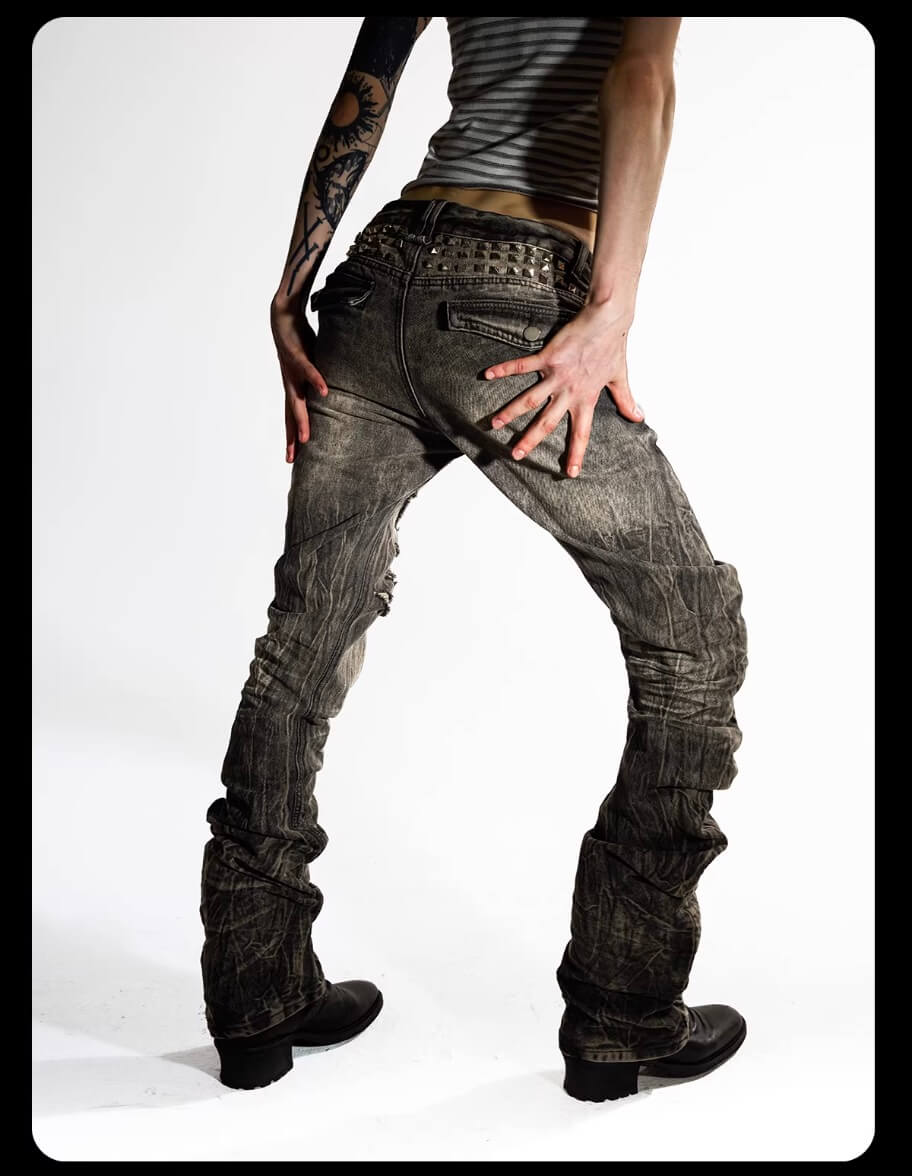 Night Lab Rock Rivet Washed Distressed Curved Slim Fit Jeans