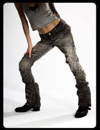 Night Lab Rock Rivet Washed Distressed Curved Slim Fit Jeans