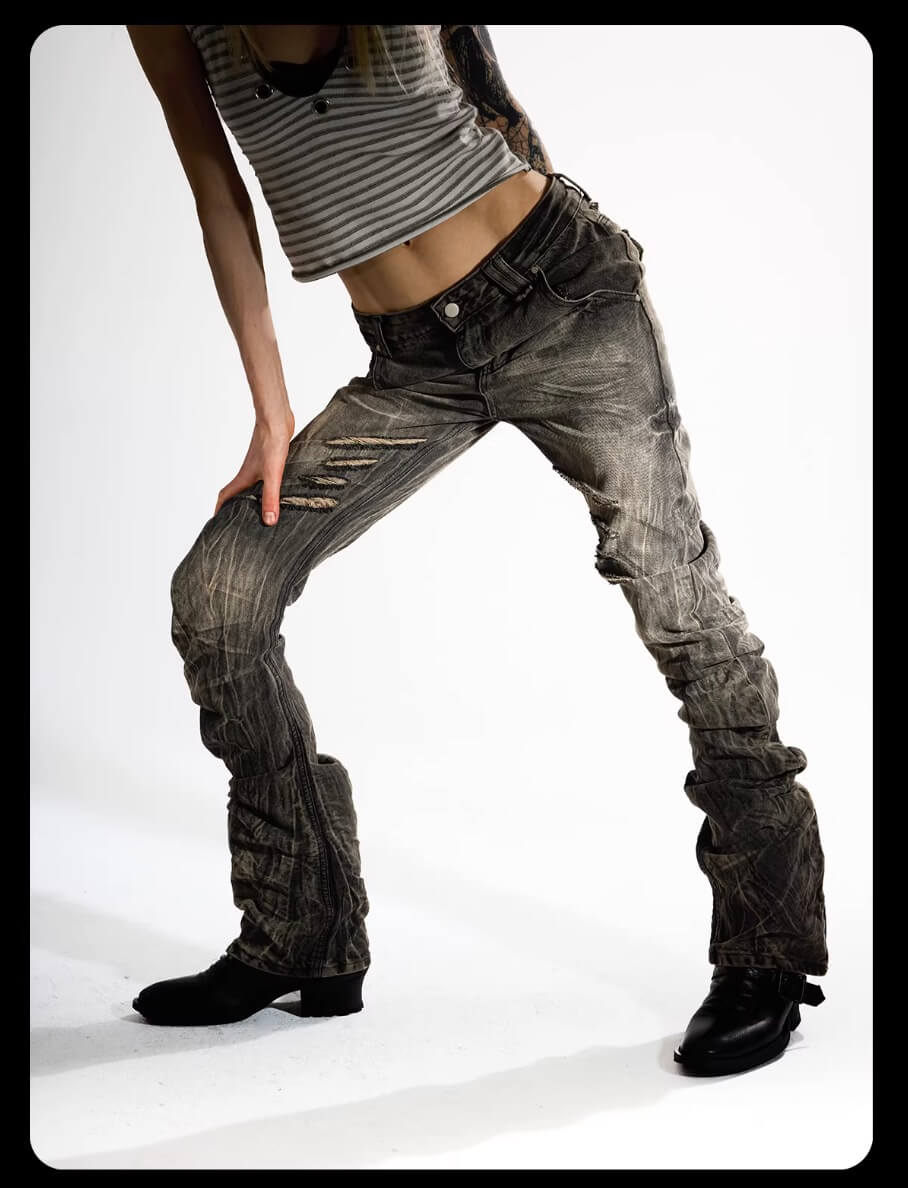 Night Lab Rock Rivet Washed Distressed Curved Slim Fit Jeans