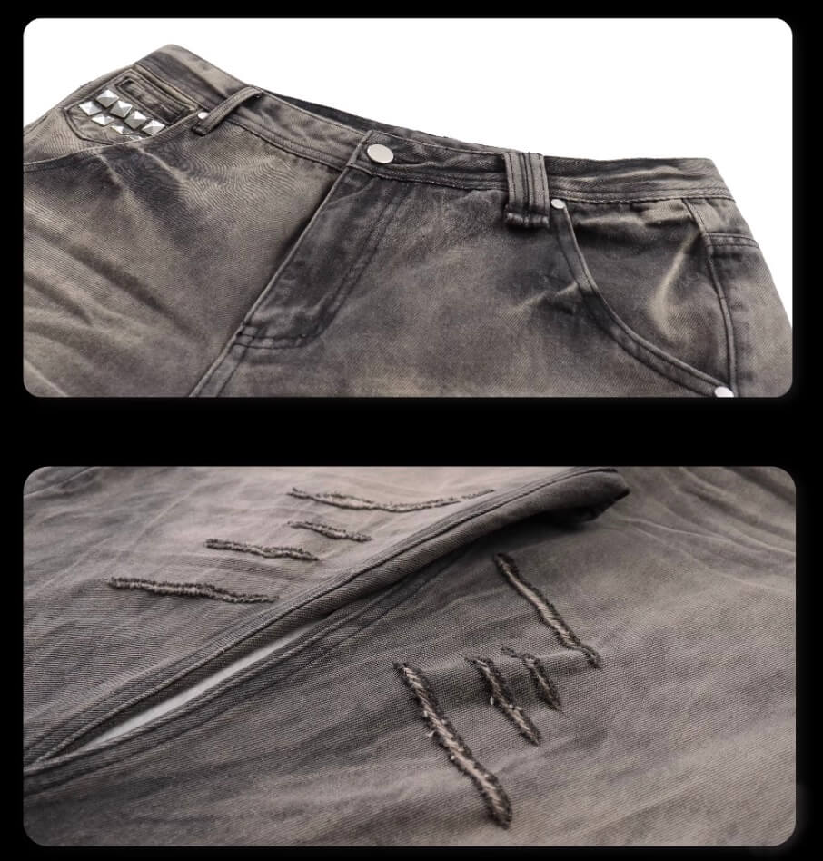 Night Lab Rock Rivet Washed Distressed Curved Slim Fit Jeans