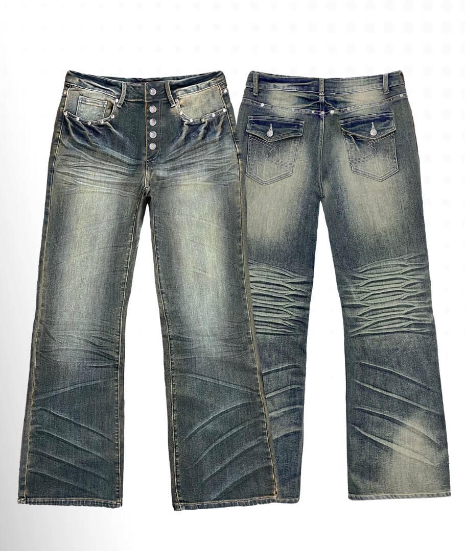 Night Lab Studded Button Fly Whisker Washed Jeans