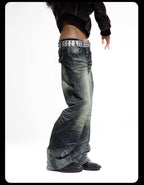 Night Lab Studded Button Fly Whisker Washed Jeans