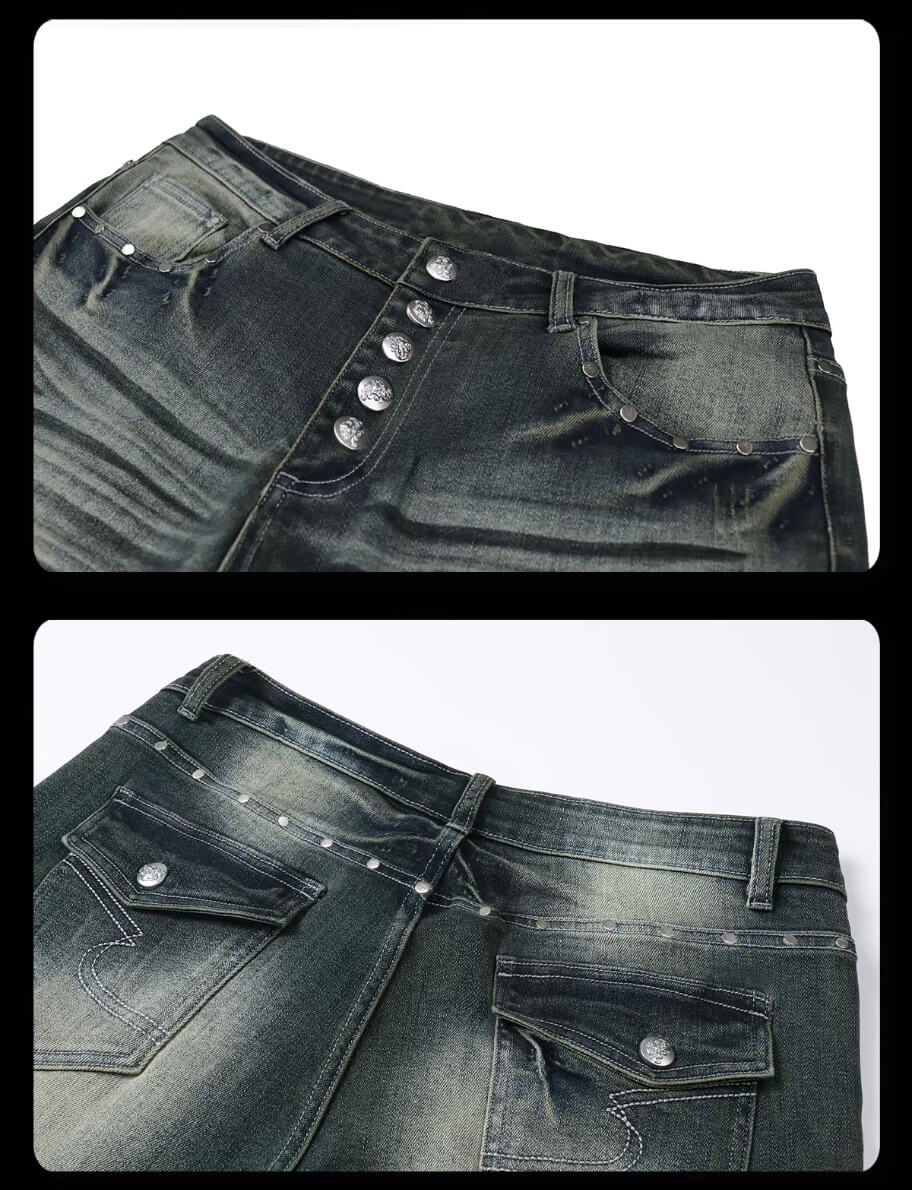 Night Lab Studded Button Fly Whisker Washed Jeans