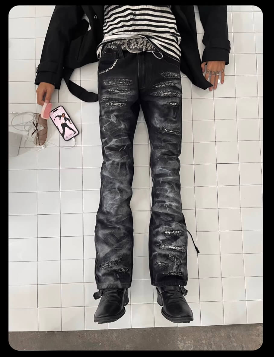 Night Lab Studded Lace Up Heavy Washed Distressed Jeans
