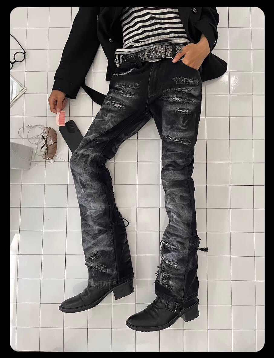 Night Lab Studded Lace Up Heavy Washed Distressed Jeans