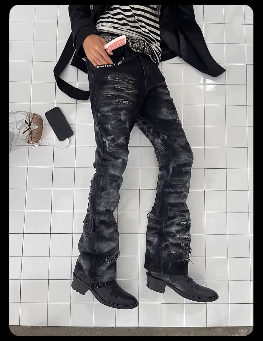 Night Lab Studded Lace Up Heavy Washed Distressed Jeans