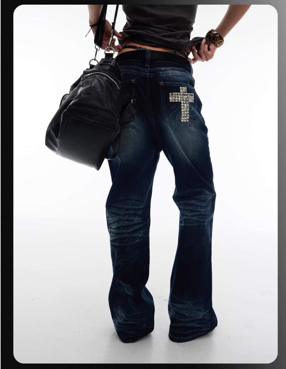 Night Lab Rock Studded Whisker Washed Flared Jeans