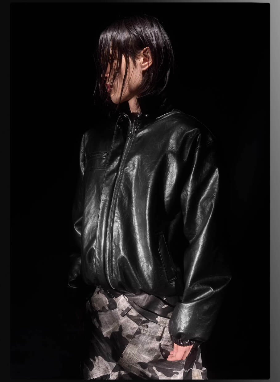 Night Lab Military 5 Painted PU Leather Puffer Bomber Jacket