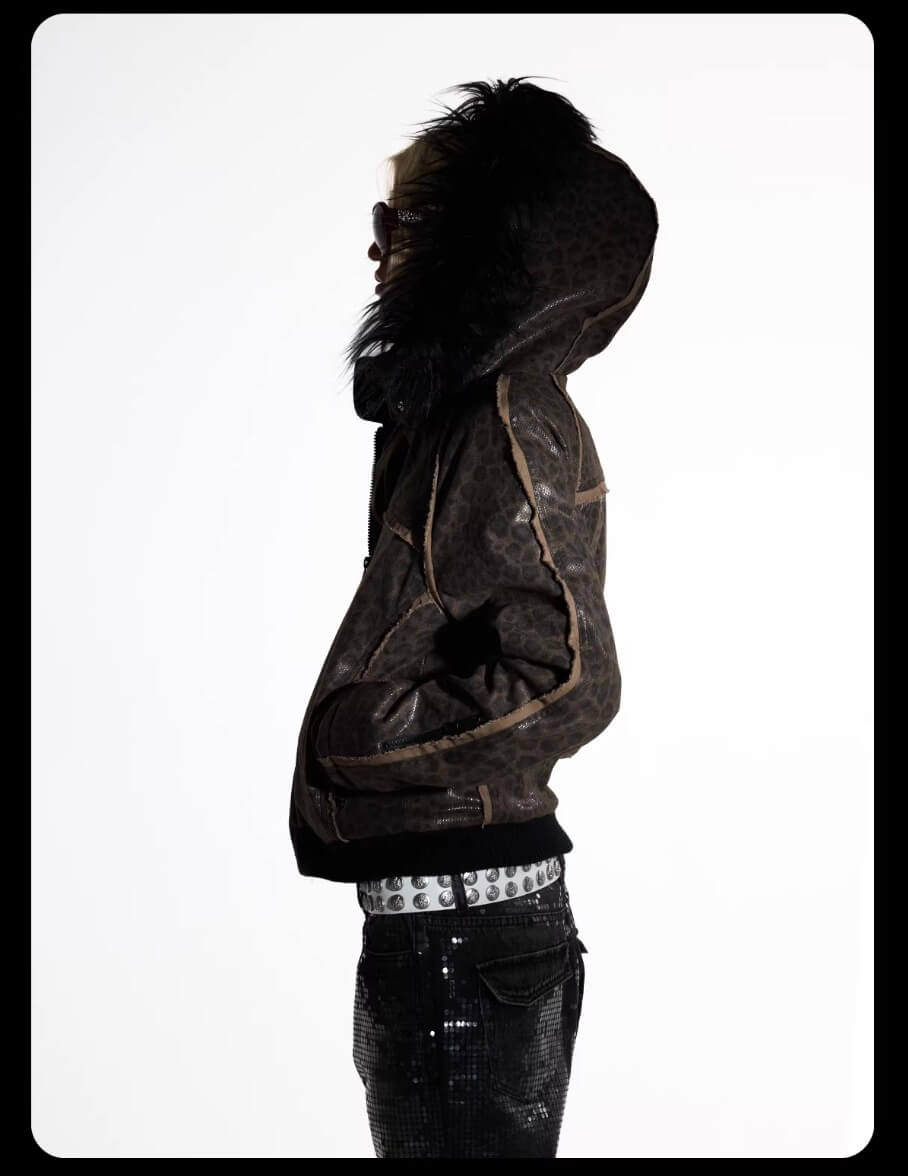 Night Lab Leopard Print Faux Fur Hood Jacket