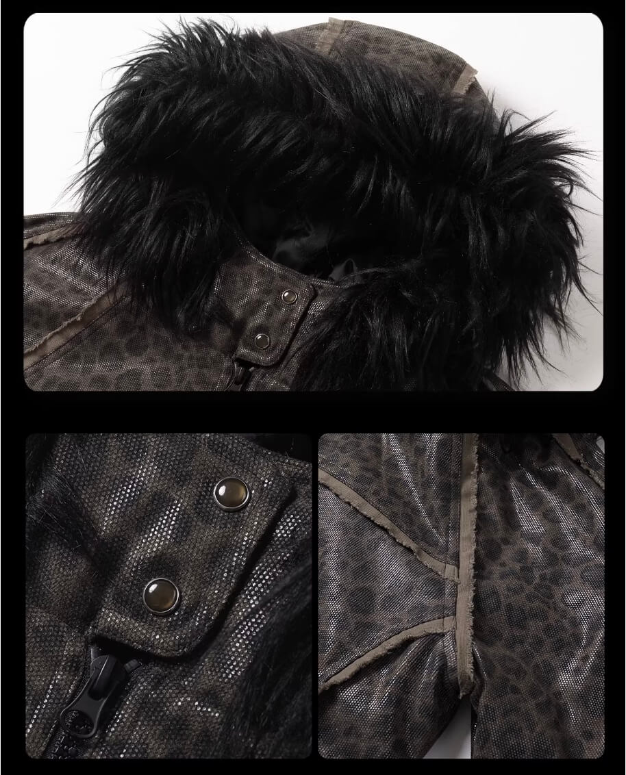 Night Lab Leopard Print Faux Fur Hood Jacket