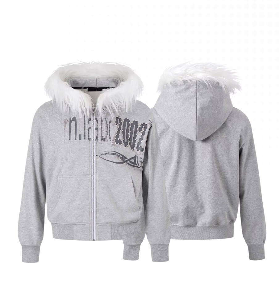 Night Lab Riveted Faux Fur Hood Zip Up Hoodie