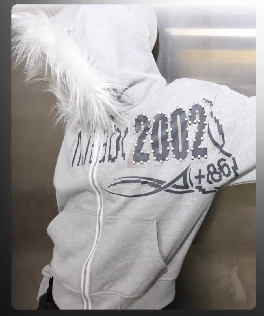 Night Lab Riveted Faux Fur Hood Zip Up Hoodie