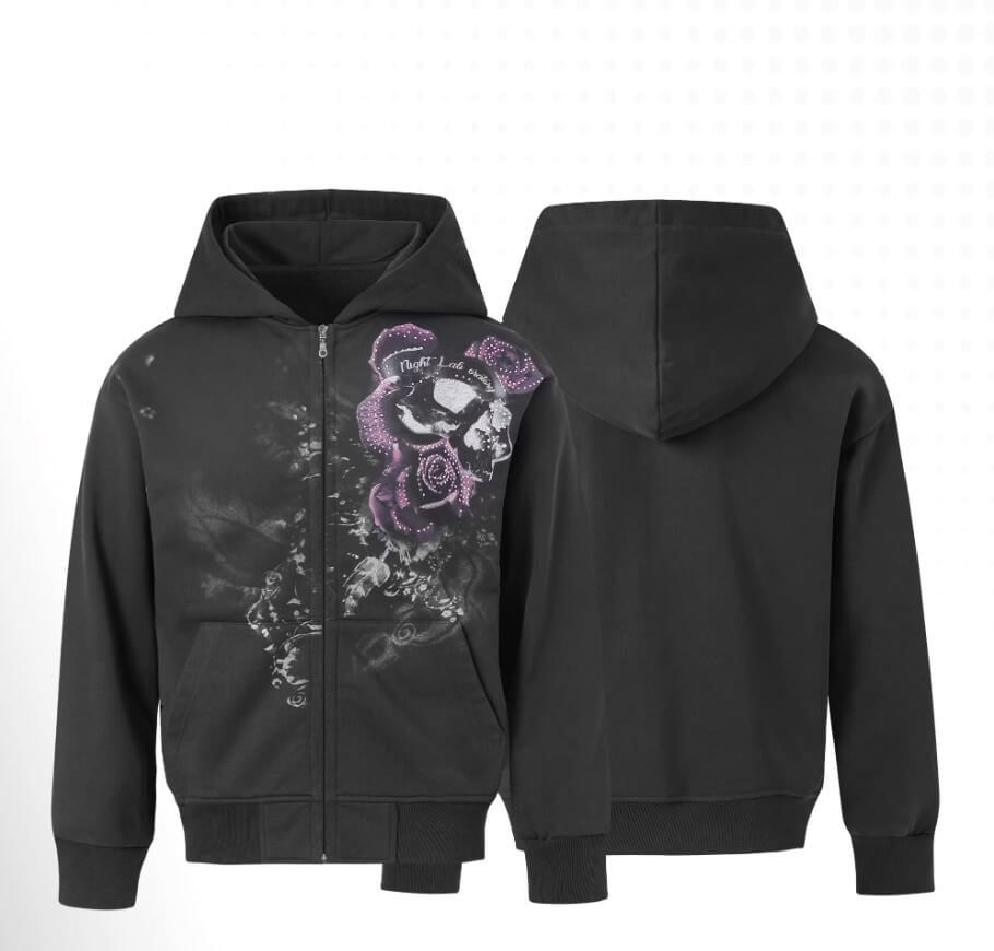Night Lab Rose Skull Rhinestone Zip Up Hoodie