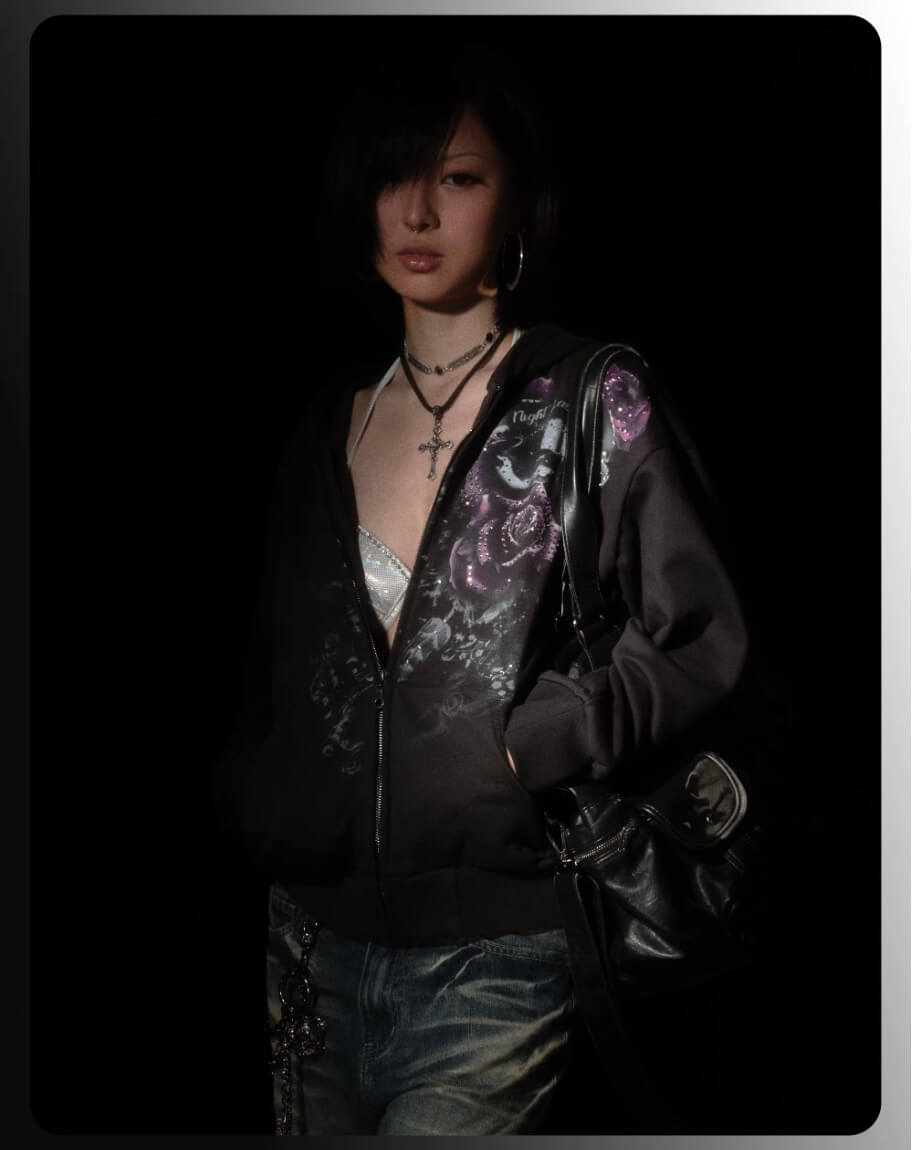 Night Lab Rose Skull Rhinestone Zip Up Hoodie