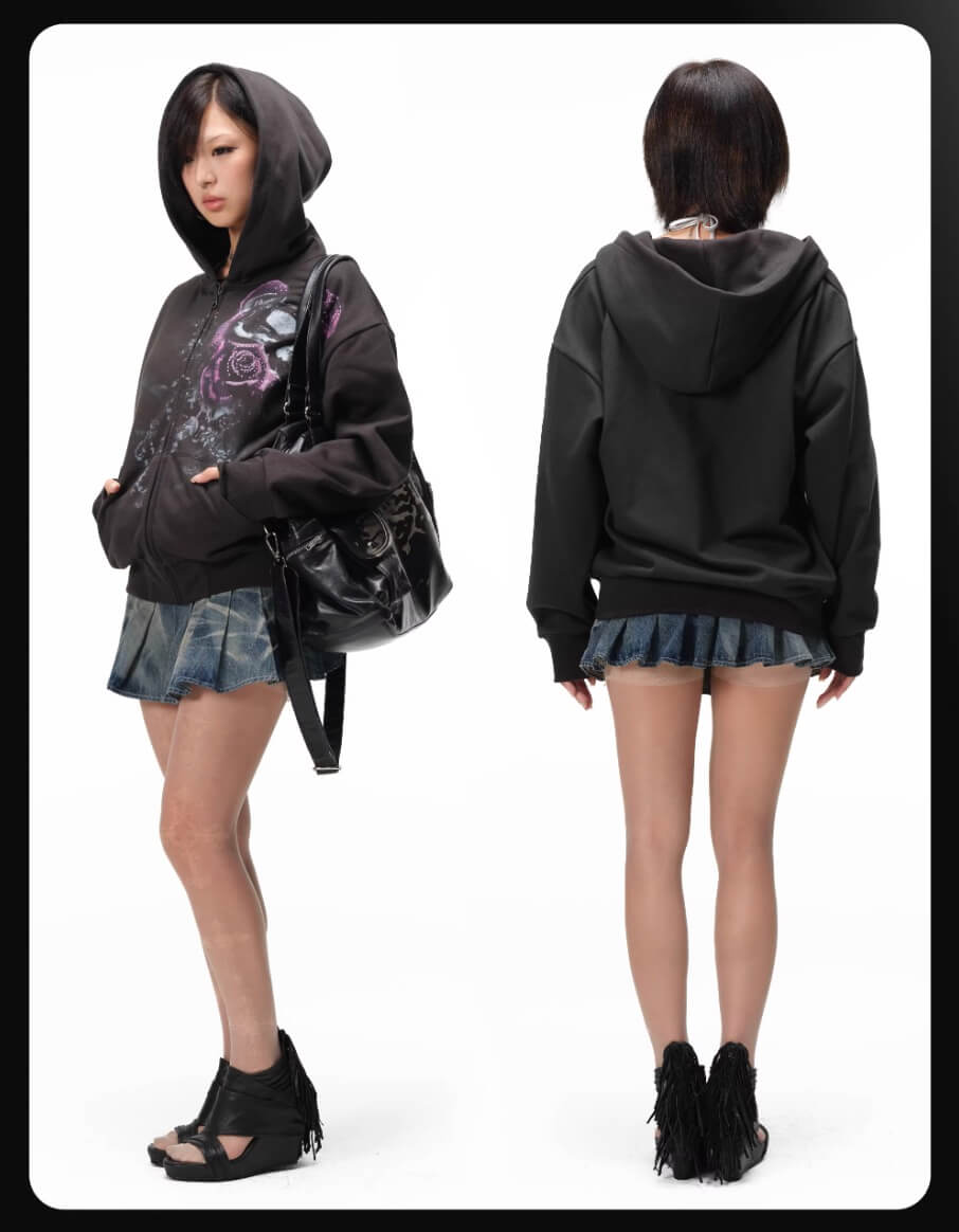 Night Lab Rose Skull Rhinestone Zip Up Hoodie