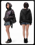 Night Lab Rose Skull Rhinestone Zip Up Hoodie