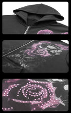 Night Lab Rose Skull Rhinestone Zip Up Hoodie