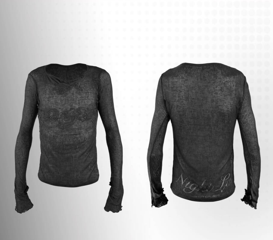 Night Lab Skeleton Embroidered Semi Sheer Slim Fit Long Sleeve Tee