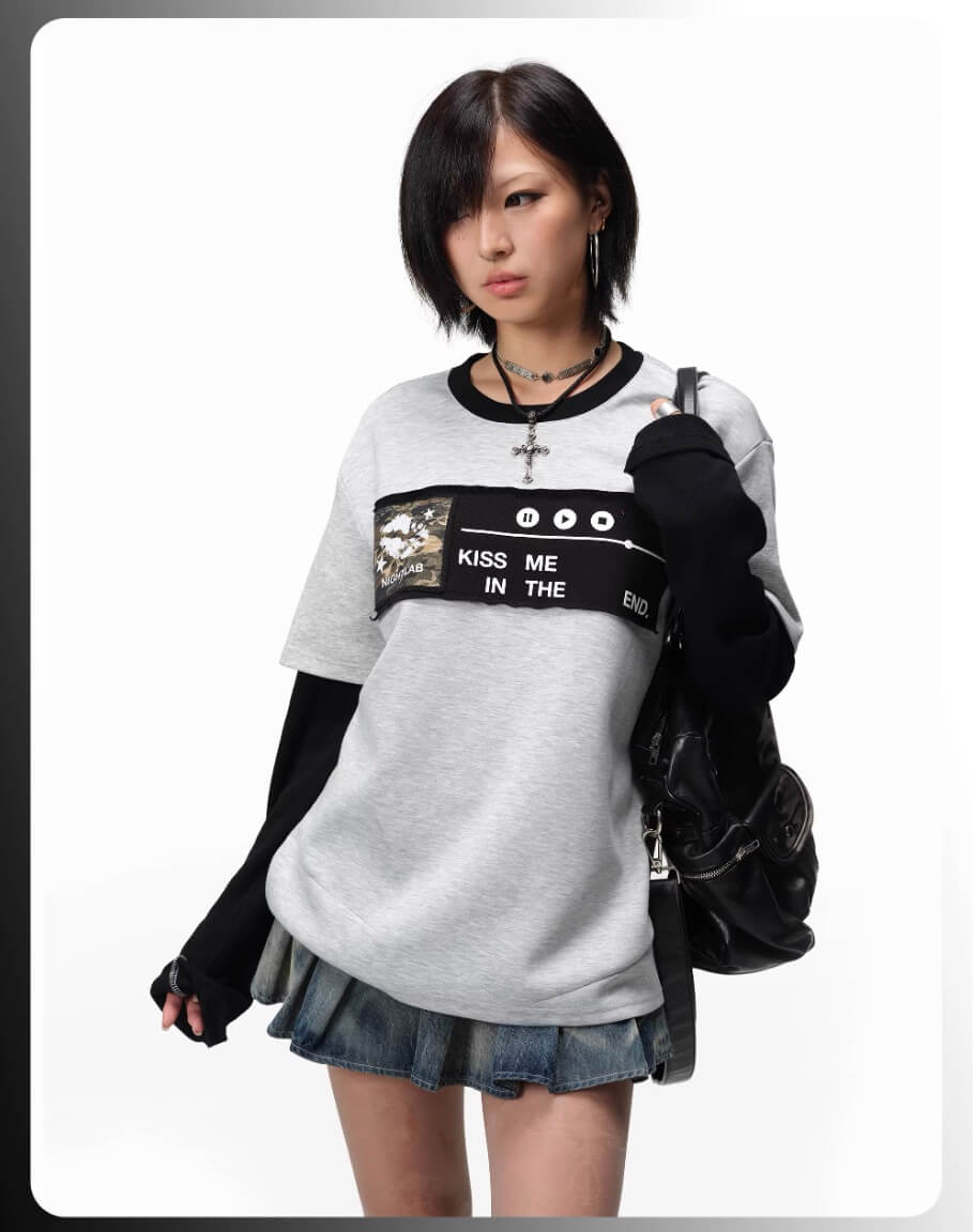 Night Lab Kiss Me Playlist Patch Layered Waffle Sleeve Tee